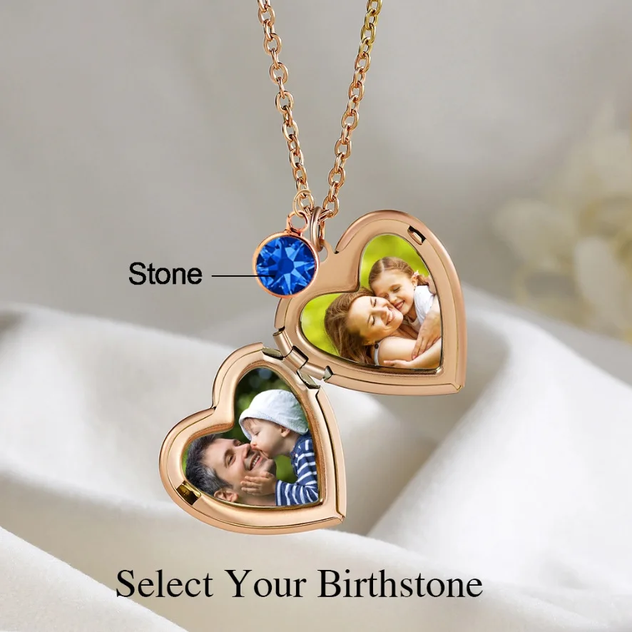 DOREMI 12 Birthstone Charms Choose Customizable Heart-Shaped Locket Necklace With Photo Necklace Front Engrave Text Necklace