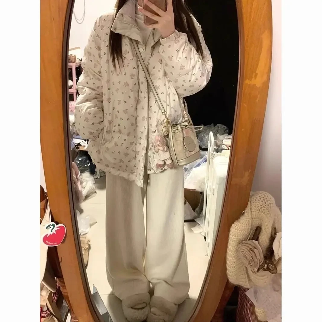冬コート韓国ファッションパーカー甘い花柄プリントスタンドカラー暖かいジャケット女性ルーズパン服