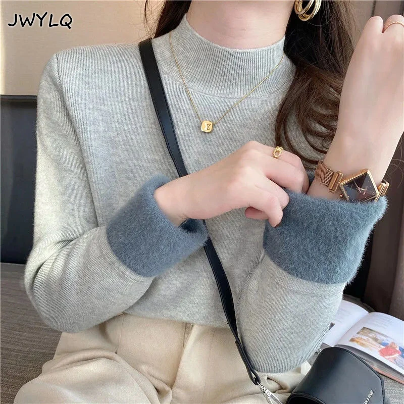 Korean Turtleneck Slim Thicken Knitted Pullovers Woman New 2023 Winter Plus Velvet Sweater Casual Fleece Lined Warm Knitwear Top