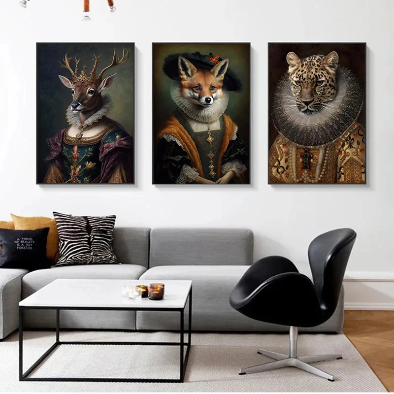 Renaissance European Aristocrat Fox Chicken Deer Monkey Bear Peacock Poster Print Canvas Painting Wall Art Picture Home Decor