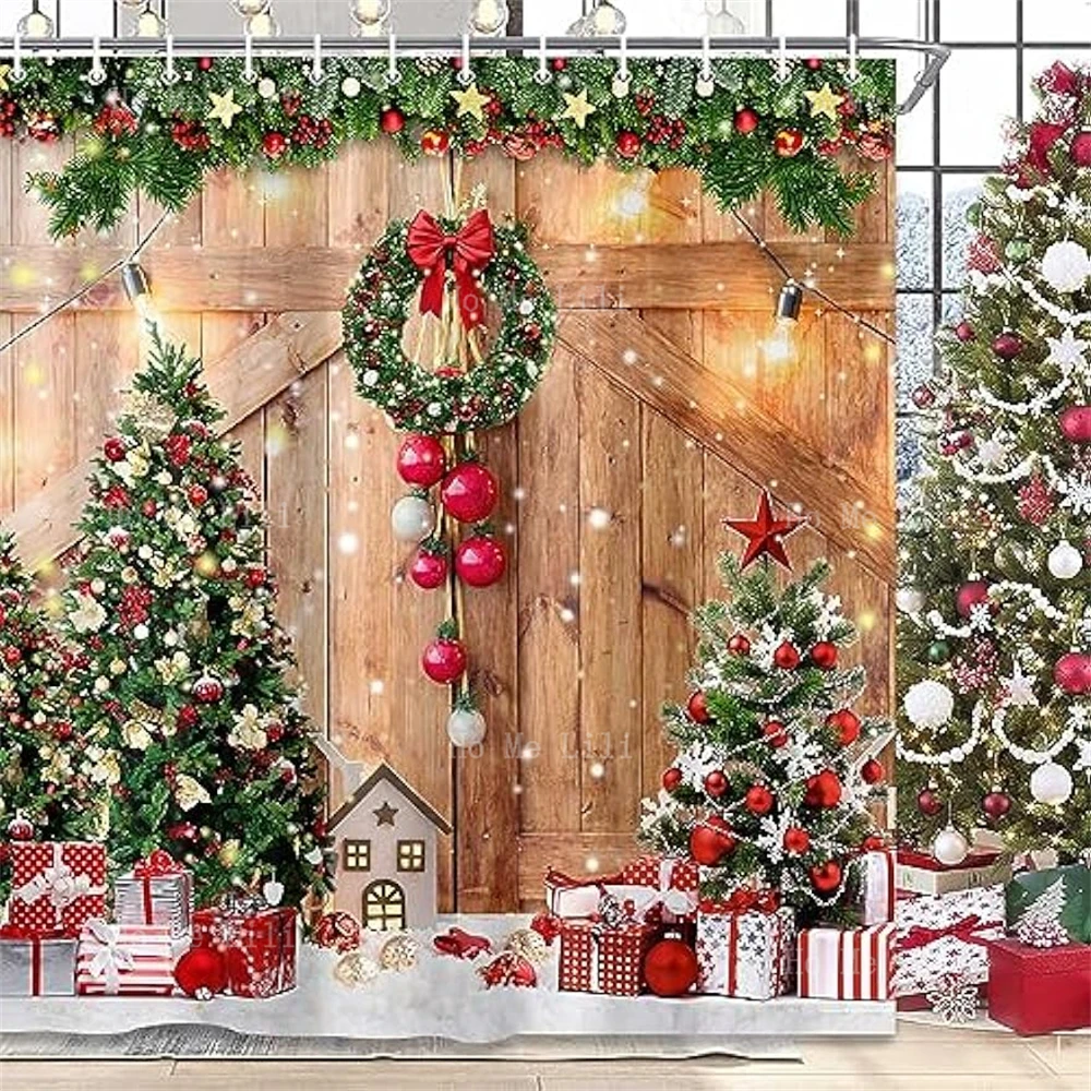 Farmhouse Winter Christmas Tree Gift Home Decor Wooden Barn Door Fabric Bathroom Shower Curtain Rustic Vintage Snowflake