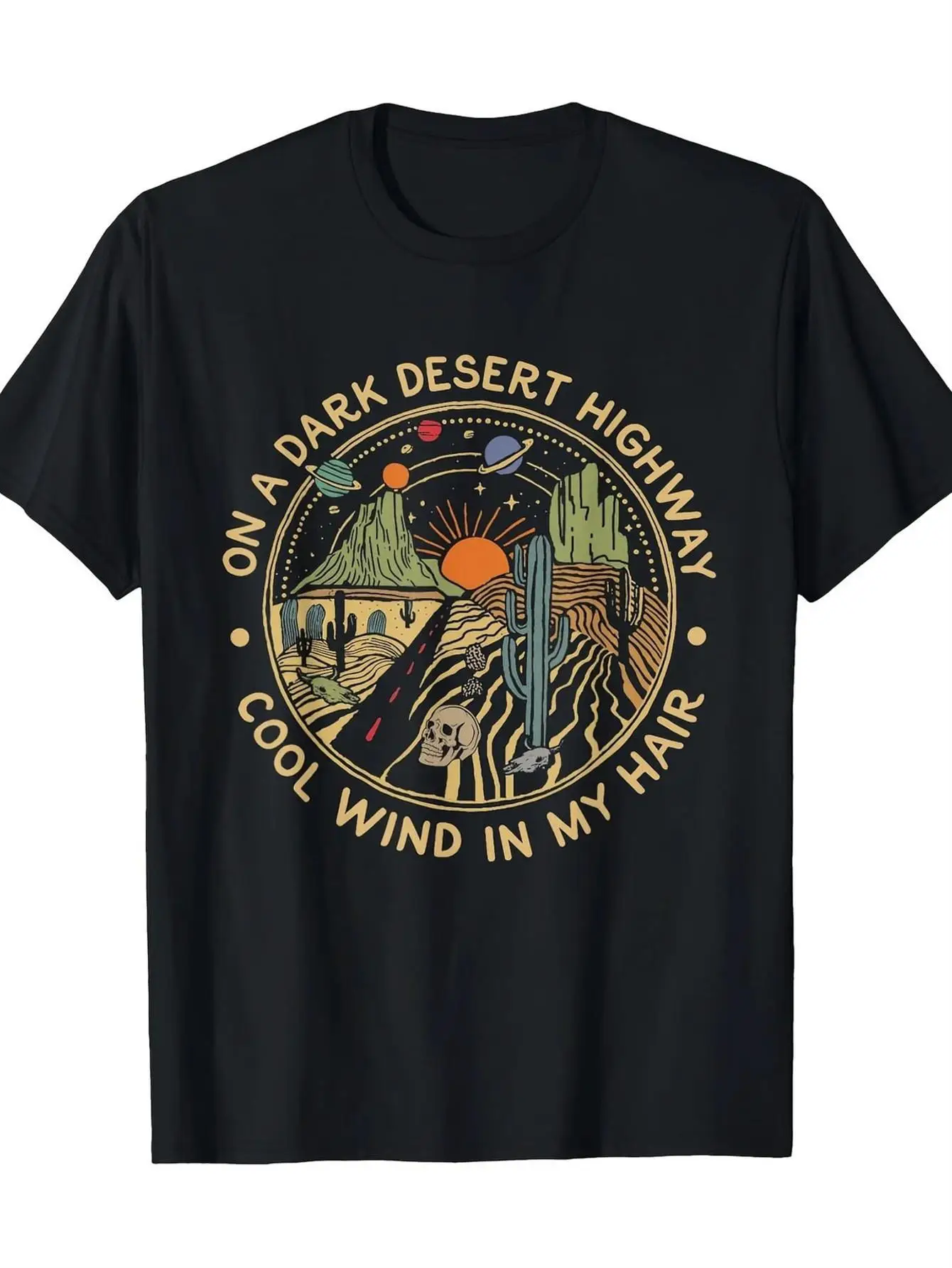 Men's Plus Desert Pattern T-Shirt - Black T-Shirt with Cactus, Sun, Stone and Text on Dark Desert Road - Breathable Cotton Shirt for Road Trip, Desert Theme