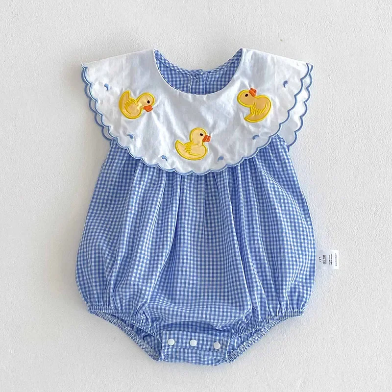 

2025 New Summer Newborn Baby Girls Romper Sleeveless Cotton Grid Splicing Toddler Baby Girls Jumpsuit 0-24M Children Clothes