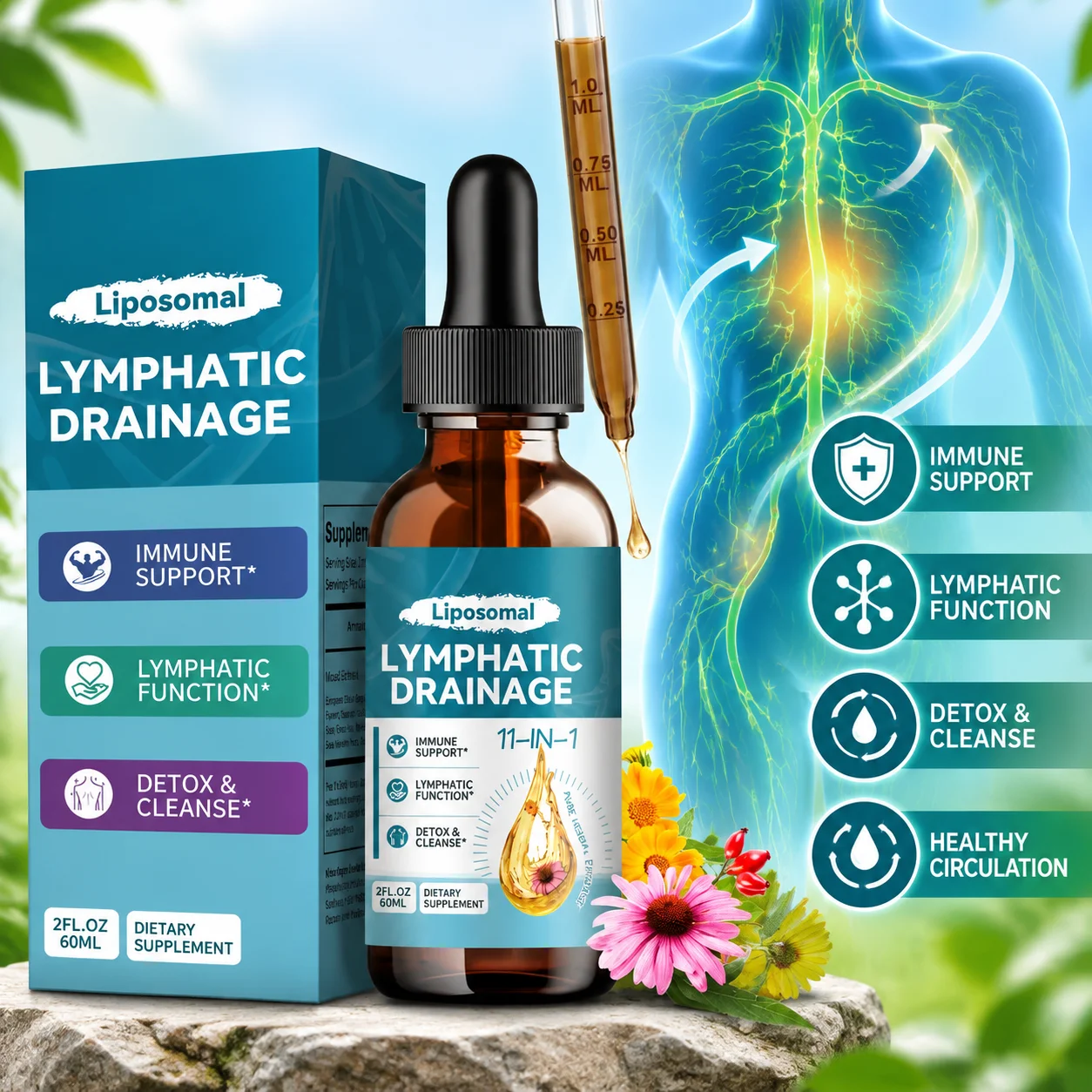 Liposomal Lymphatic Drainage Drops Organic Immune Support & Detox Cleanse Supplement for Blood Circulation & Antioxidant 60ML