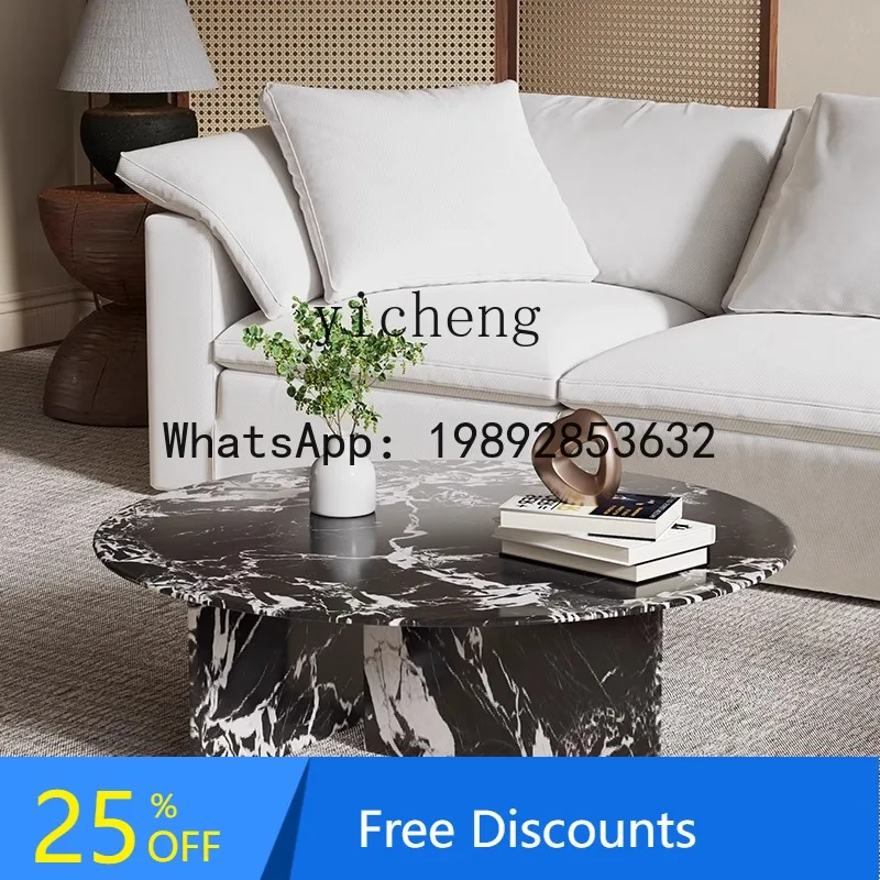 

AA marble round black tea table light luxury small apartment high-end cream retro style living room
