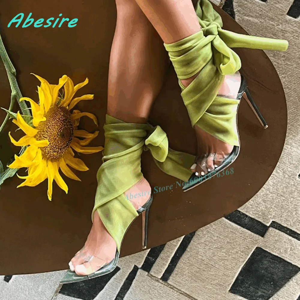 Green Mesh Wrap Cross-Tied Sandals Pointed Toe Ankle-Strap Stiletto Heel Women's Sandals Summer Romantic Wedding Party Shoes