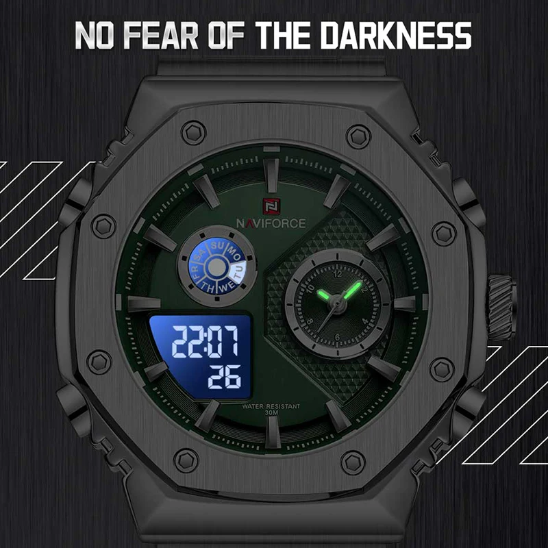 Imagem -05 - Naviforce-relógio de Pulso Quartzo Masculino Impermeável Dual Display Pulseira de Aço Luminoso Negócio Moda Novo