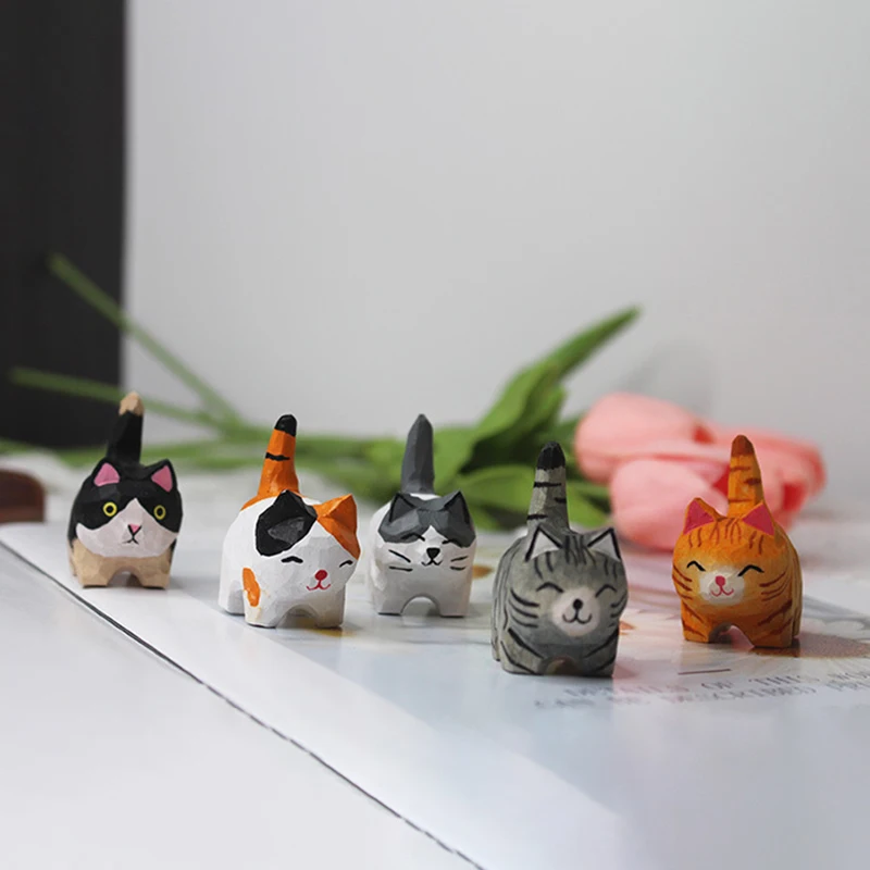 Cute Mini Wood Cat Handicrafts Hand-Carved Wooden Animals Figures Children Gift Home Decoration Accessories Desktop Decoration