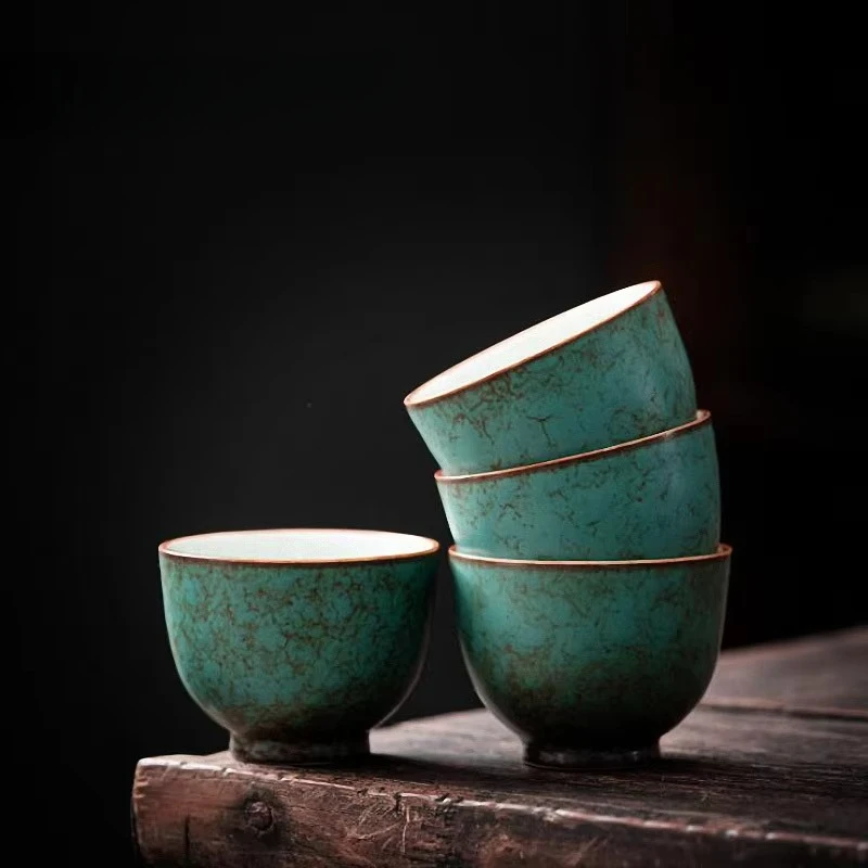 45ML Ceramic Turquoise Glaze Teacups Coarse Pottery Kung Fu Tea Cups Traditional Chinese Heat Resistant Drinkware