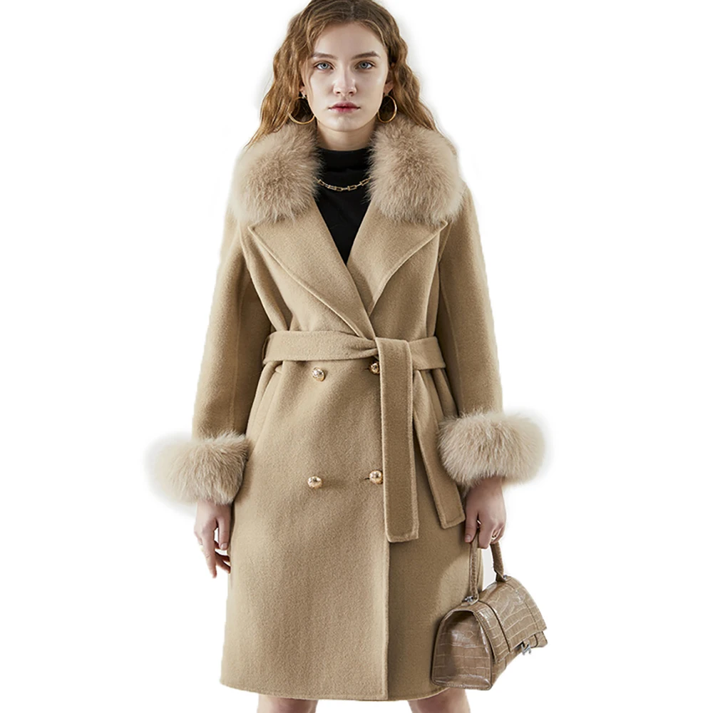 

2022 X-long Classic Fox Fur Double-Sided Cashmere Coat Double-Breasted Wool Leader Mouth Woolen Coat Women