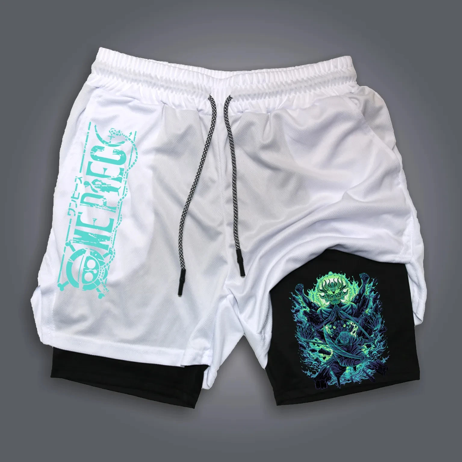 Uma peça periférica impressa shorts de dupla camada sauron luffy 2025 rua americana verão masculino solto esportes calças respiráveis