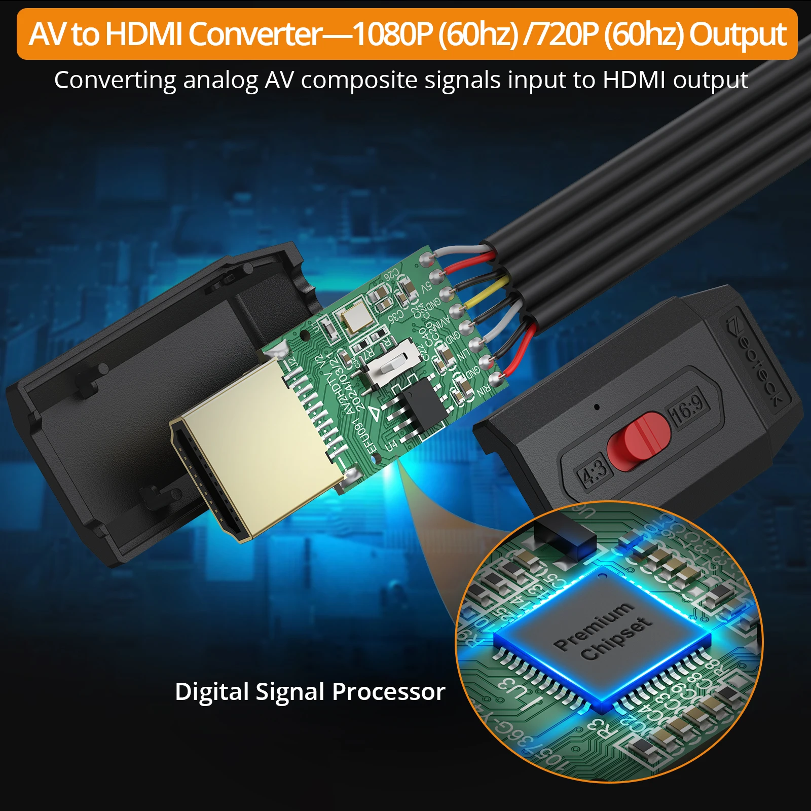 Neoteck HDMI Converter 1080P Adaptador de áudio e vídeo composto AV RCA com conectores dourados Mini