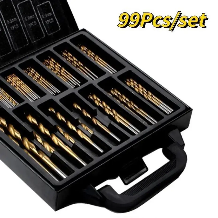 

99 Pcs/Set Twist Drill High Speed Steel Titanium-plated Twist Steel Plate Drill Mixed Plastic Boxes Household Tools