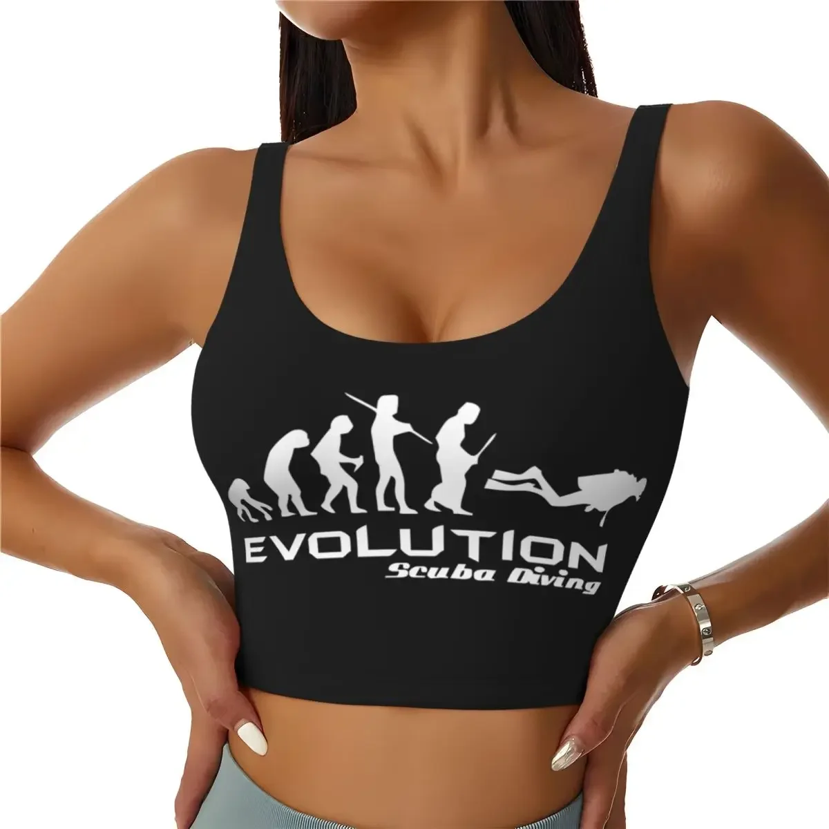 

Custom Women Evolution Of Scuba Diving Sports Bras Funny Underwater Dive Diver Gift High Impact Gym Workout Yoga Crop Tank Tops