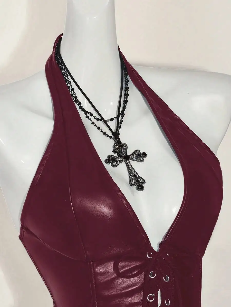 

Y2K Gothic Punk Halter Mini Dress PU Leather Open Back Club Party Rave Outfit
