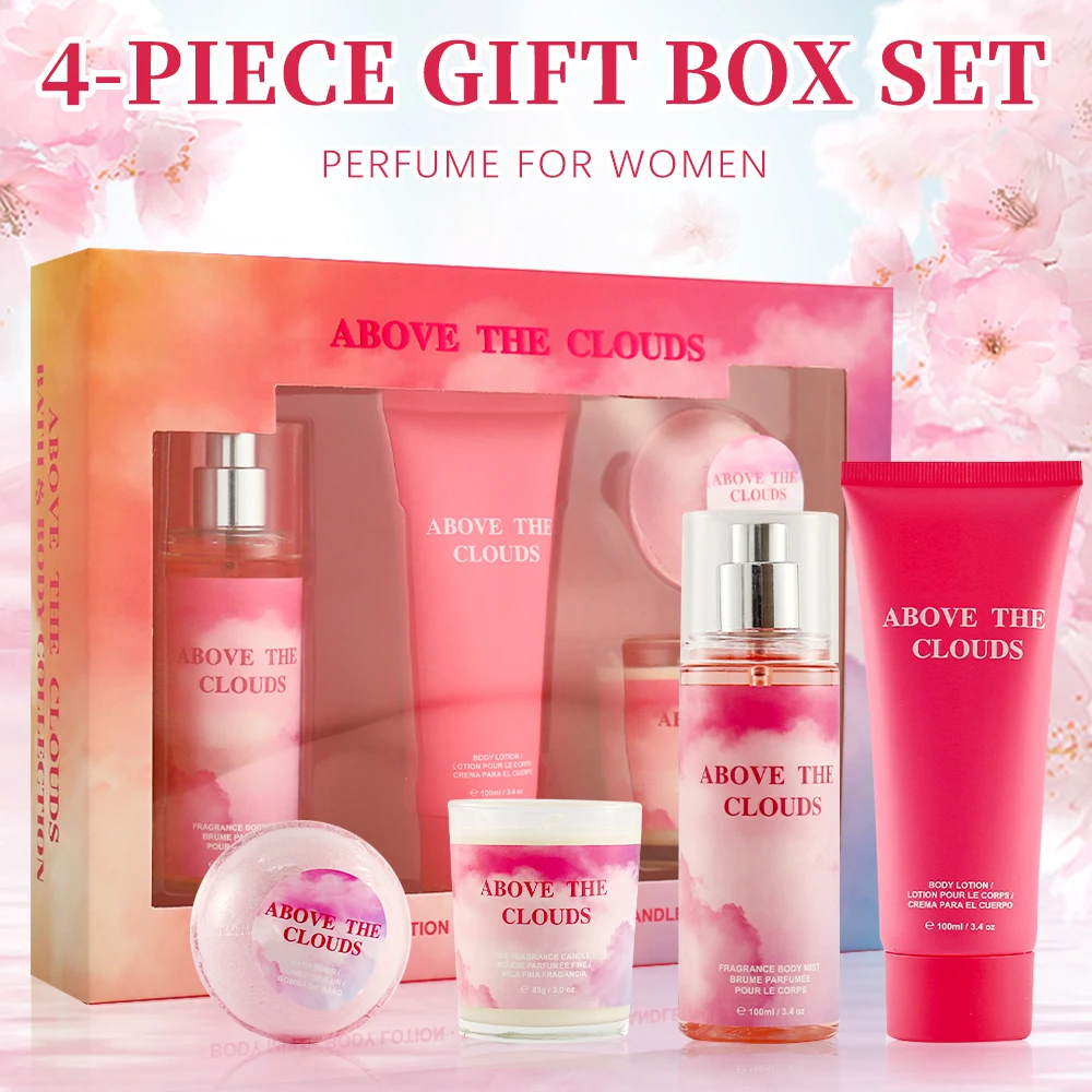 Women's Fragrance Sets 3.4fl.oz Body Mist, 3.4fl.oz Body Lotion, 3oz Candle and 2oz Bath Bomb 4 Pcs ABOVE THE CLOUDS Gift