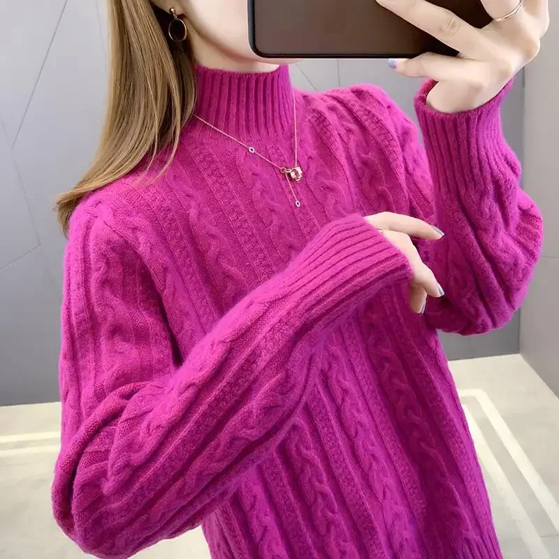 2023 New Women's Clothing Knitted Half High Collar Long Sleeve Thick Loose Commuter Casual Solid Color Sweaters Jumpers