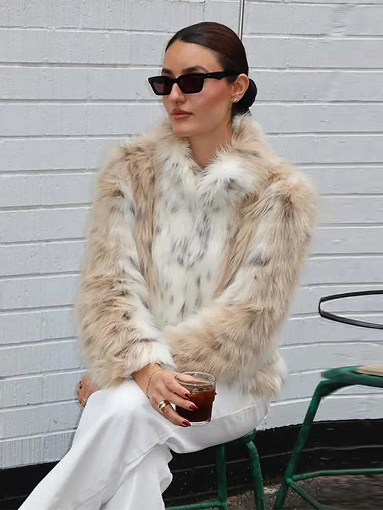 Elegant Print Women's Faux Fur Coat Chic Long Sleeve Warm Fluffy Plush Jacket New Autumn Winter Ladies Thick Outerwear 2025