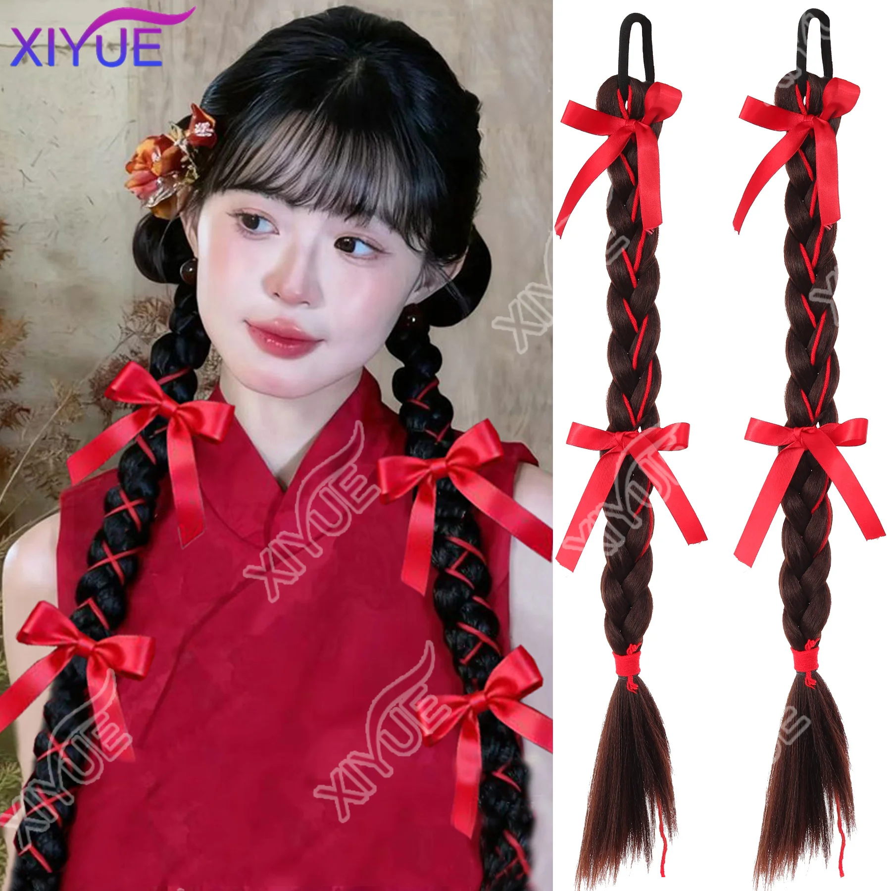 

XIYUE Synthetic Wig Red ribbon bow Twist Braid Head Rope Ribbon Female Sweet Natural College Style Bow Tie Ponytail Wig