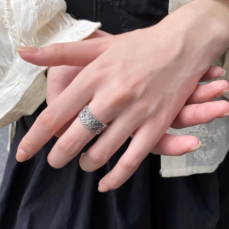 الرجعية القديمة الفضة لوتس حلقة مفتوحة المرأة خمر خمر الأزياء الخفيفة الفاخرة الراقية حلقة قابل للتعديل