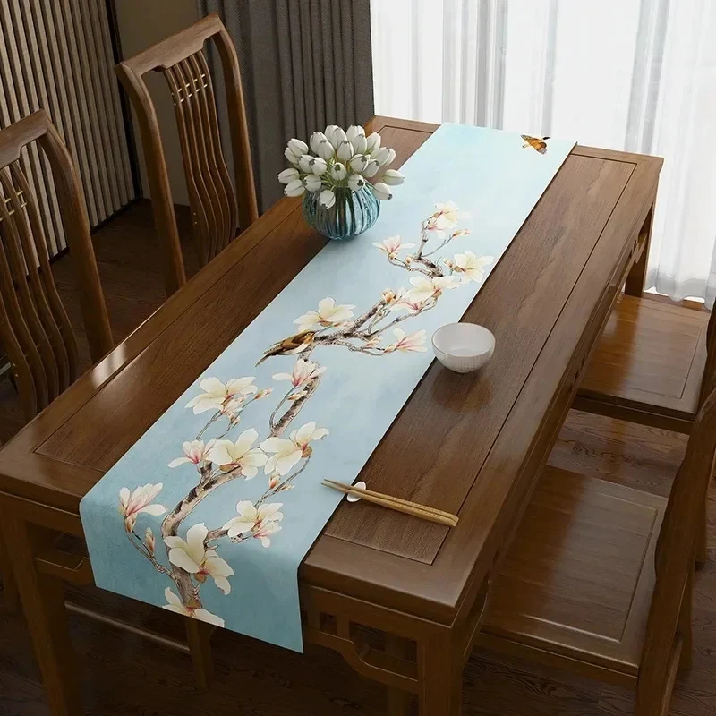 VIKAMA Chinese Ink Lotus Koi Fish Table Runner, Polyester Washable Table Scarf Oriental Zen Style Dining Table Decor