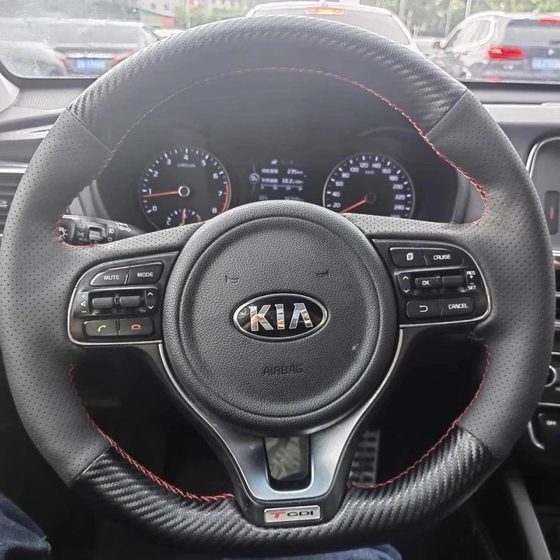 For Kia Sportage KX5 2016-2019 K5 Optima 2016-2018 Hand-stitched Non-slip Genuine Leather Carbon Fiber Car Steering Wheel Cover view 2
