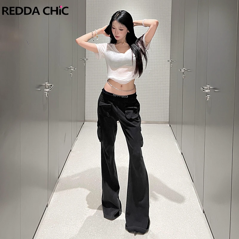 REDDACHiC Women Overdye Black Wide Leg Bootcut Pants Side Bar Cotton Trousers Vintage Cargo Pockets Sweatpants Grung Techwear