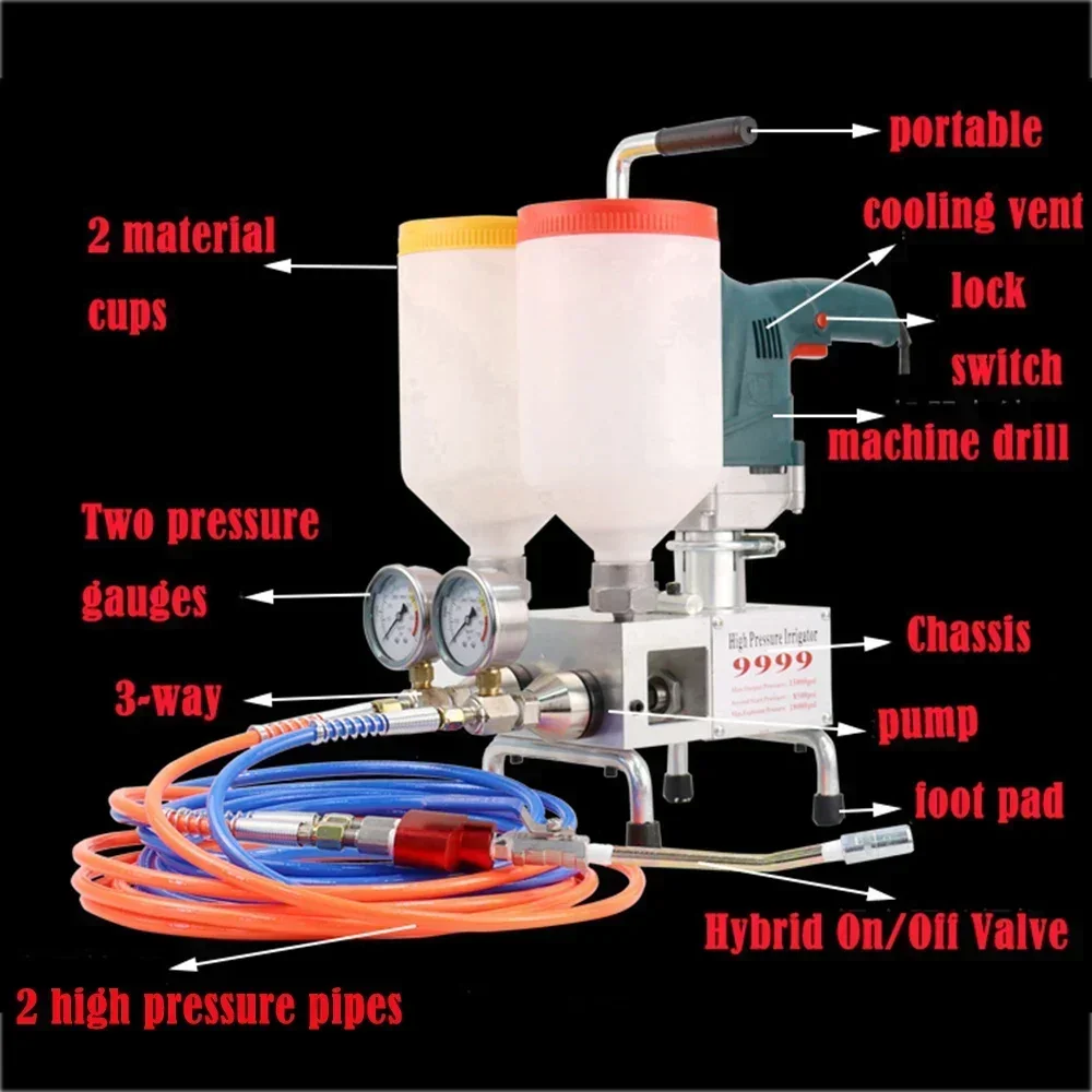 1100W 2 Twin Grouting Gun Grout Injection Pump Epoxy Polyurethane for Slab Lifiting or Concrect Repair Crack Waterproofing 220V