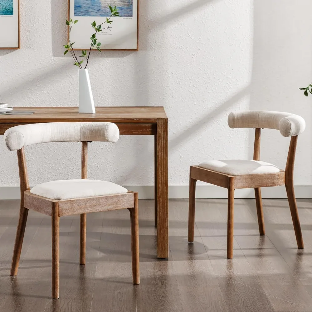 

Dining Room Chairs Mid-Century Modern Fabric Kitchen Chairs with Natural Walnut Finished Frame, Linen Curved Back, 2-Pcs Set