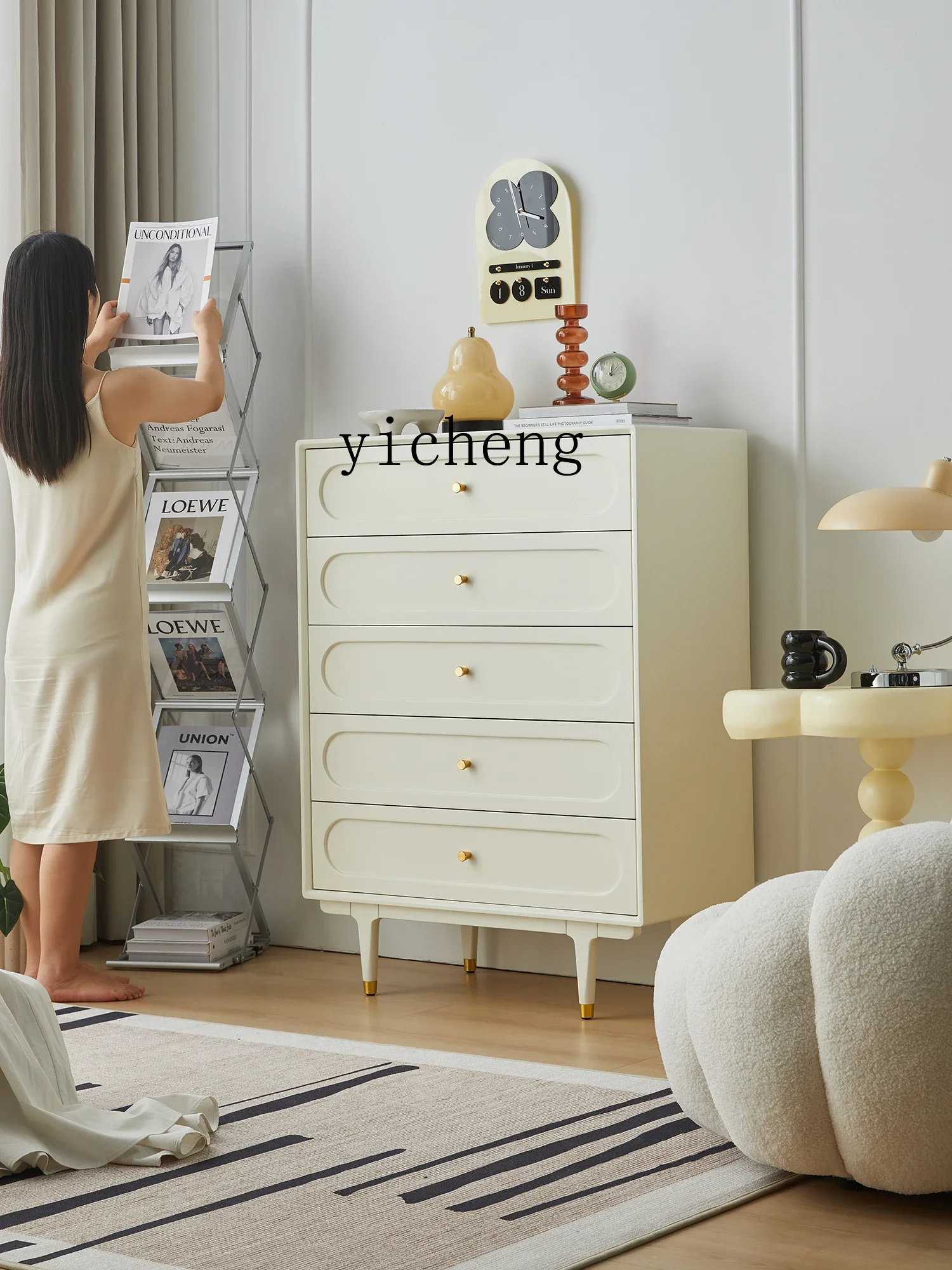 Cream Style Light Luxury Solid Wood Locker Simple Bedside Living Room Side Cabinet Storage Cabinet