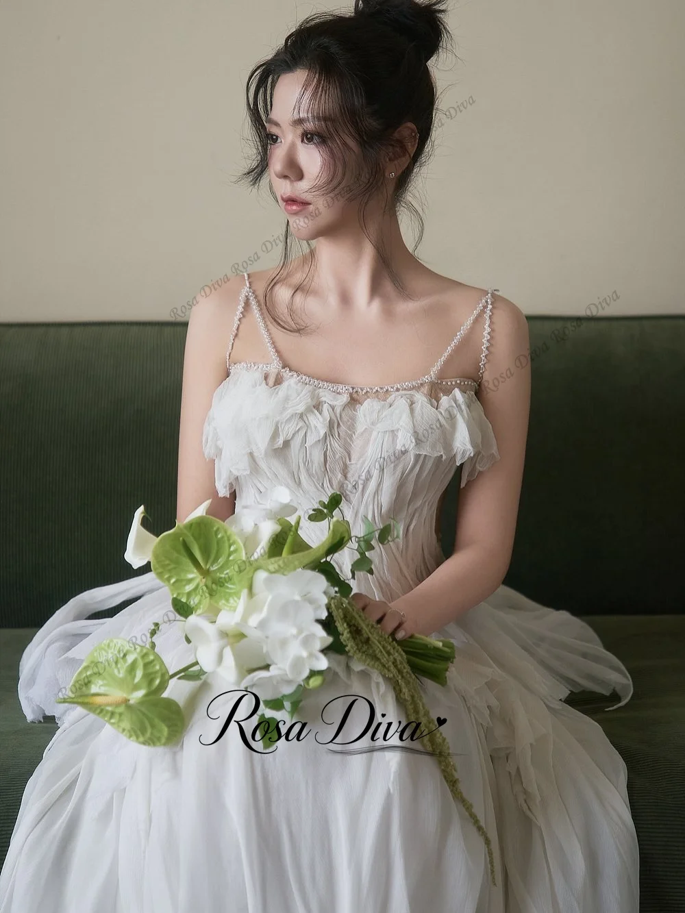 Rosa Diva Modern A Line Wedding Dress Beaded Spaghetti Straps Off Shoulder Long Sleeve Ruffled Chiffon Bridal Gown Customized