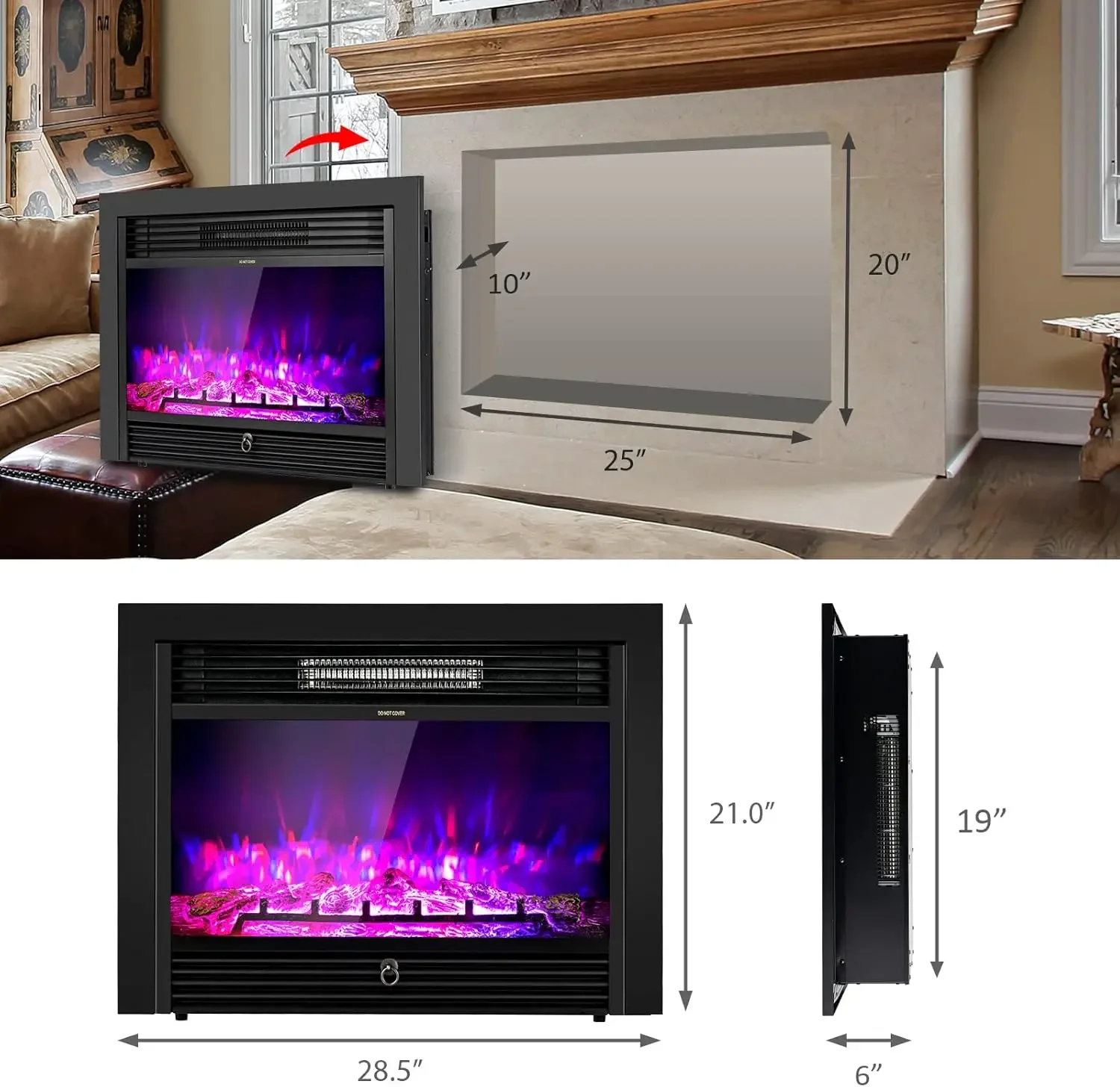 28.5-Inch Electric Fireplace Inserts, 750W/1500W Wall Recessed and Freestanding Fireplace with 3 Flame Colors, 5 Brightn