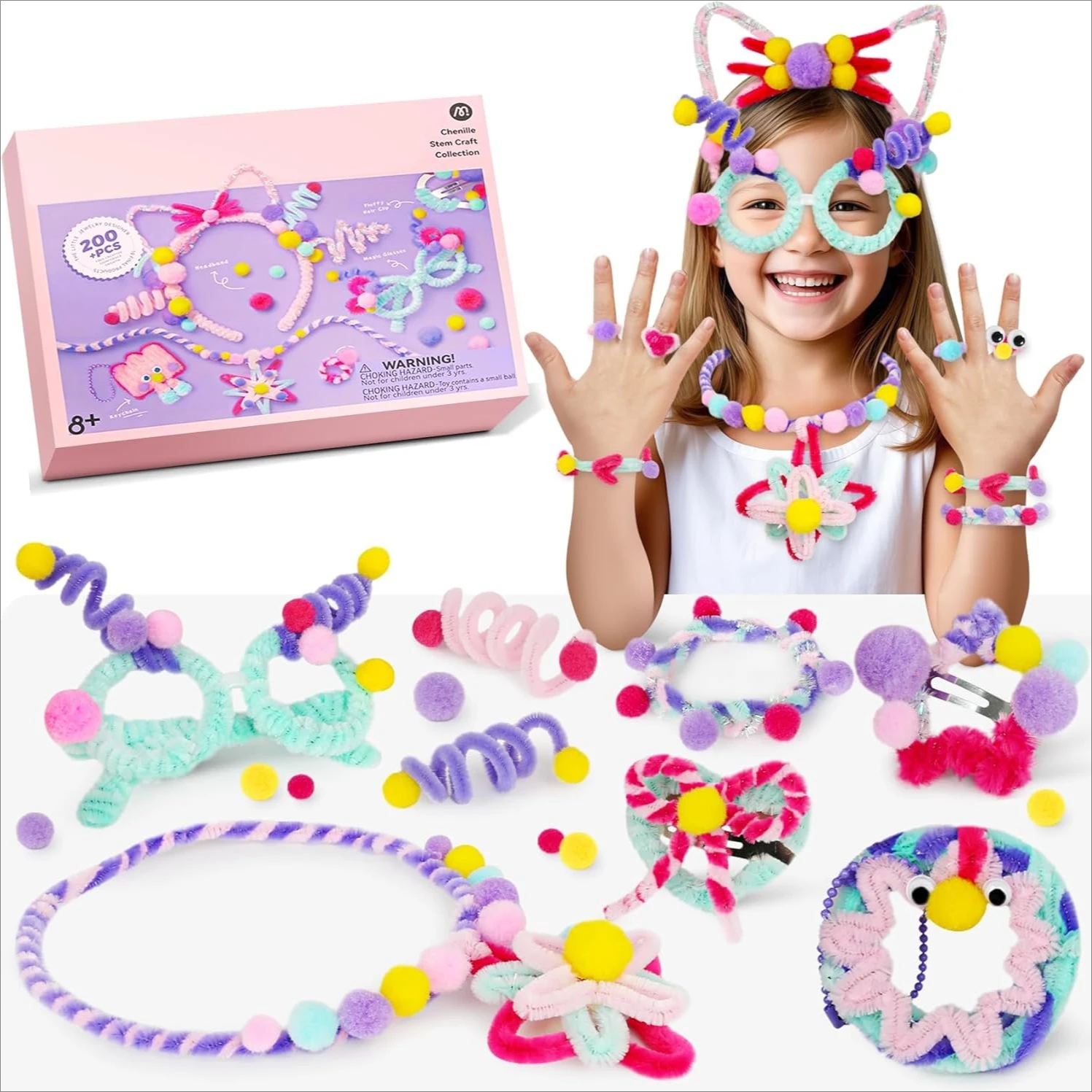 Arts & Crafts Jewelry Making Kit, Multi-Colored Chenille Stems, DIY Pipe Cleaners Art Supplies Kids, Decorations, Birthday Gifts
