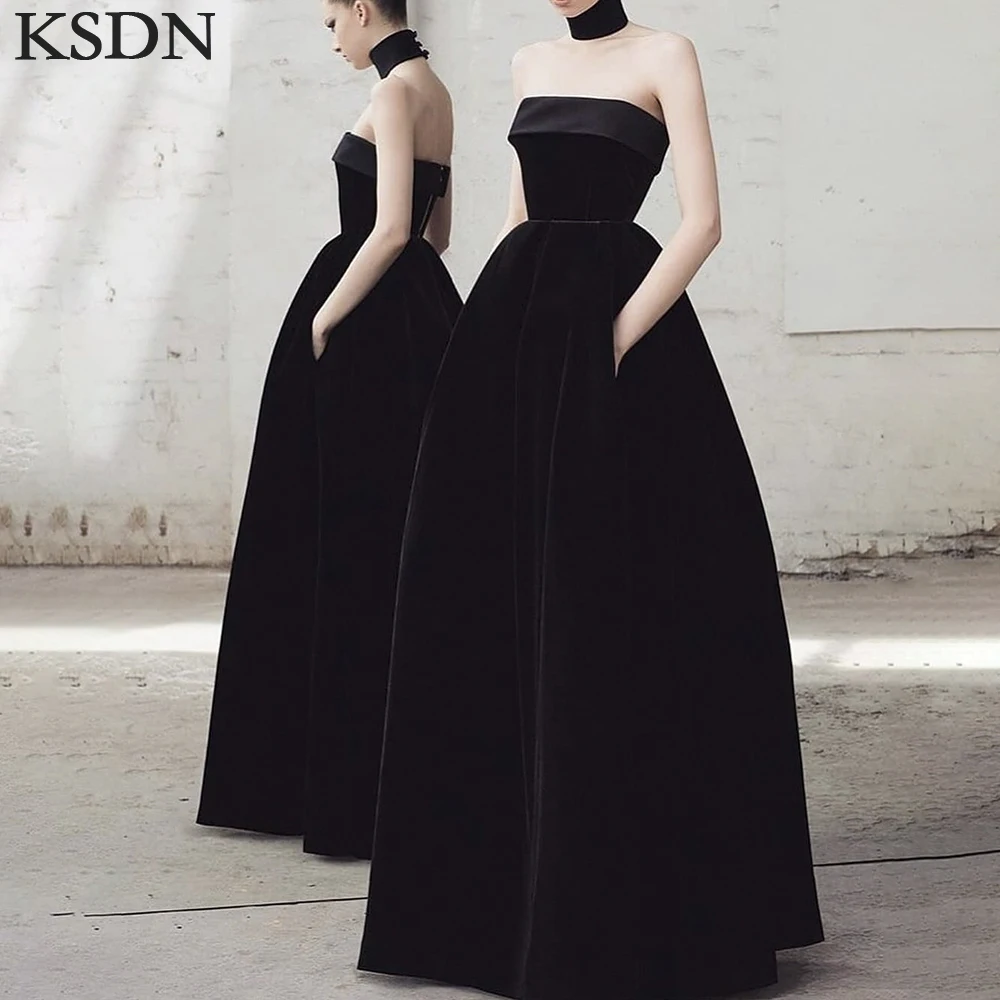 

KSDN Formal Black Evening Dresses Elegant Strapless Floor Length Sleeveless Gowns Elegant A-Line Prom Party Dress Vestidos