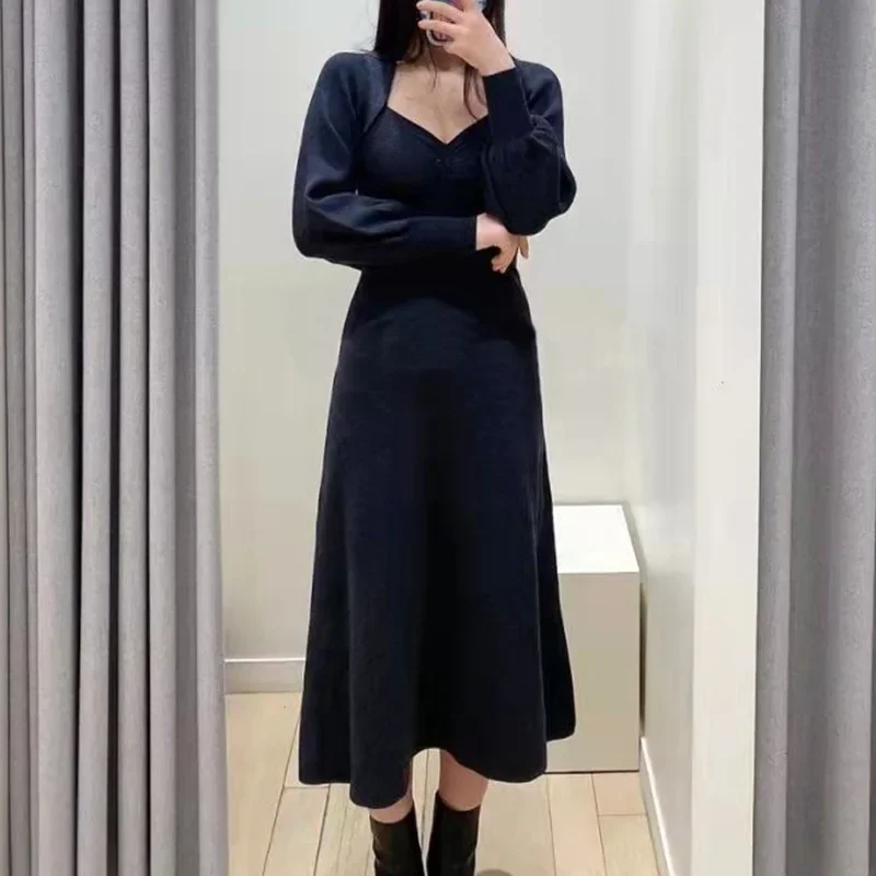 

Woman knit dress long sleeve casual French brand elegant woman maxi dress female