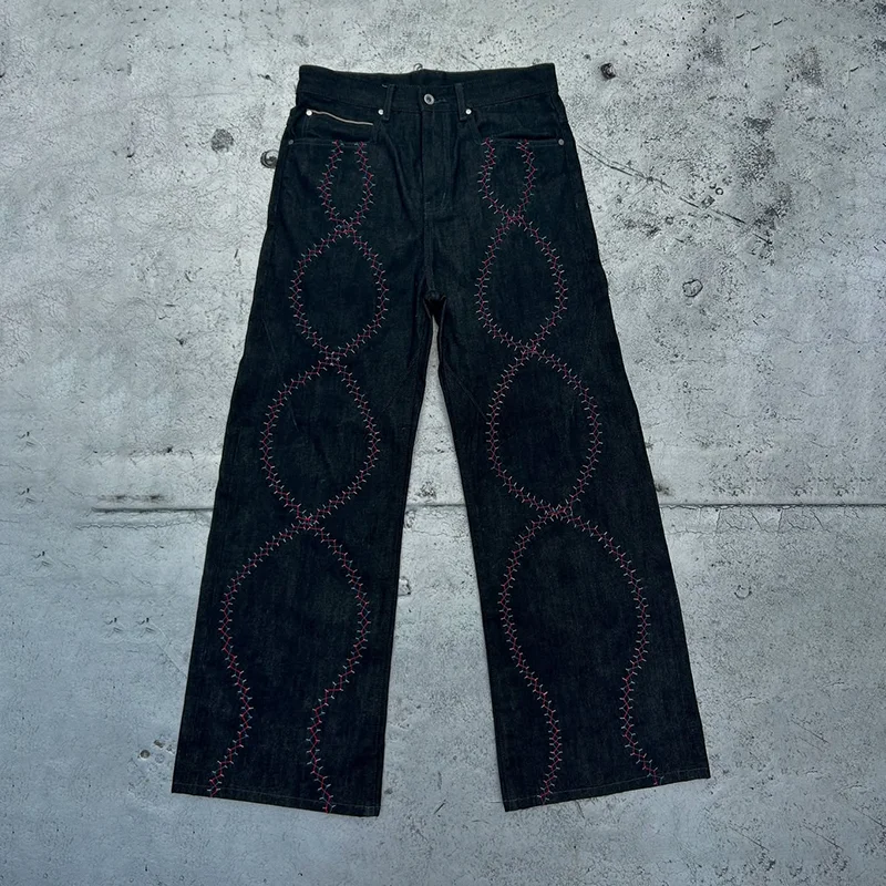 

Классические овальные джинсы с вышивкой спереди, уникальный дизайн, широкие джинсы с высокой талией Y2K, модная мужская и женская повседневная стираная уличная одежда