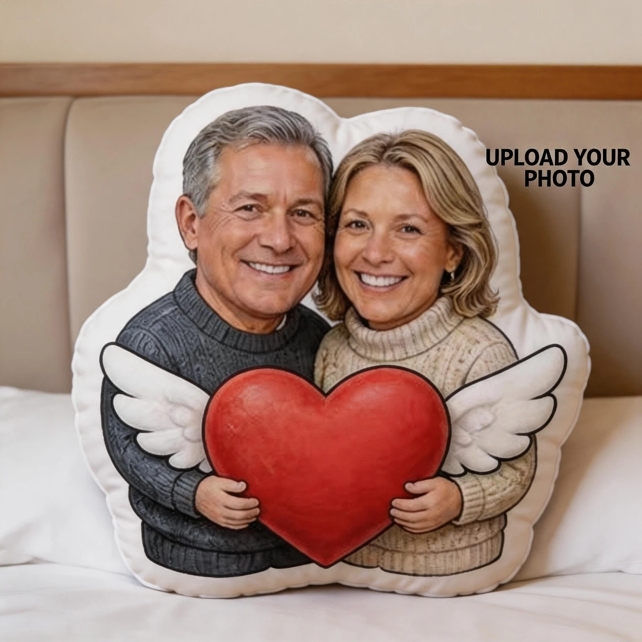 Personalized Couple Photo Shaped Pillow, Romantic Heart with Wings Custom Picture Decorative Cushion with Double-Sided Printing,