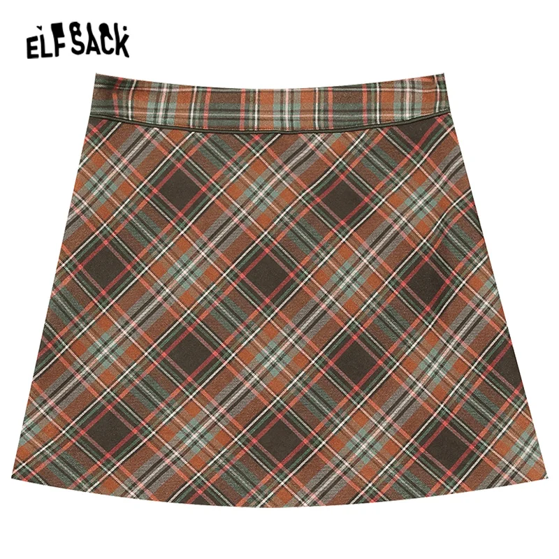 ELFSACK-Saia de camurça de cintura alta feminina, luva xadrez, fundo básico, inverno, 2023