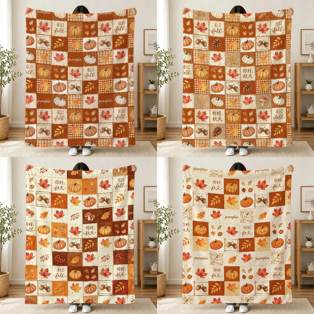 Thanksgiving Autumn Harvest Patchwork Blanket Printed Flannel Soft Warm Cozy All-Season Nap Bed Sofa Travel Gift Adults Kids