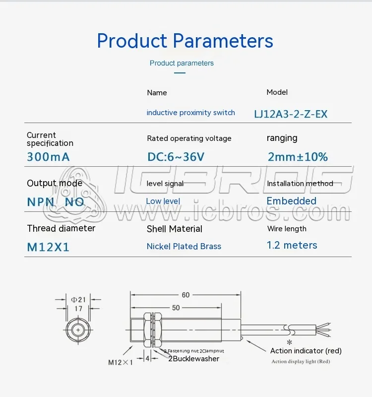 M12 Metal Proximity Switch Sensor LJ12A3-2-Z/EX LJ12A3-2/DX LJ12A3-2/EZ LJ12A3-2/DZ Shielded Two Wire Normally Open