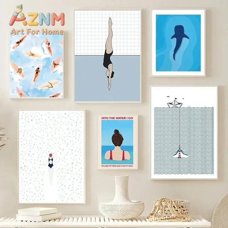 Jumping Swimming Surfing Minimalist Diver Poster Aesthetic Canvas Painting Wall Art Pictures Room Decoration Cuadros