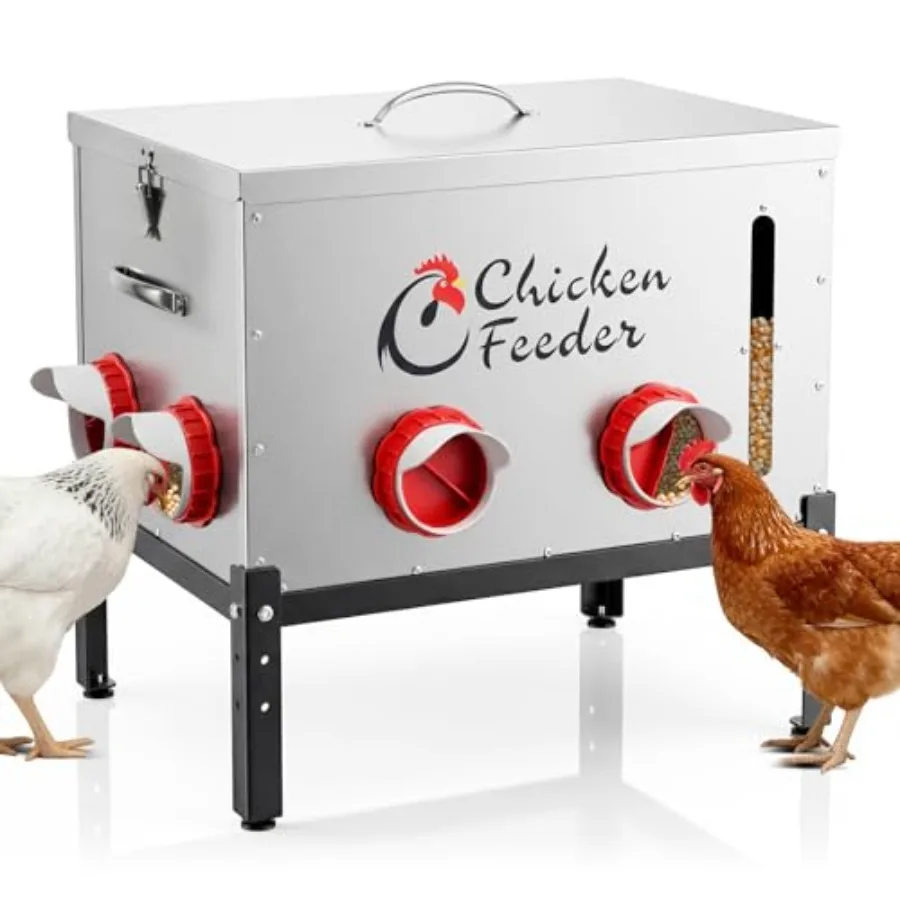 

Rat-proof automatic chicken feeder for poultry farms, galvanized metal, gray, 80LB capacity with visible window and 8 ports to