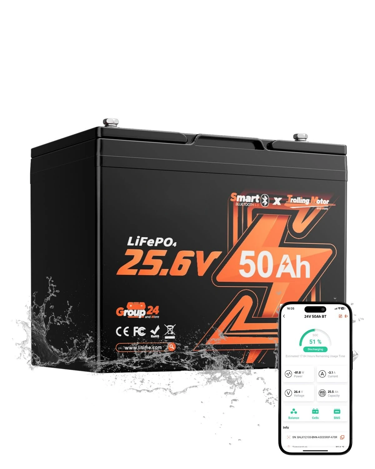 

24V 50Ah LiFePO4 Bluetooth Battery Low-Temp Cutoff 4000 Cycle 50A BMS Group 24 Trolling Motor Yacht RV, Custom