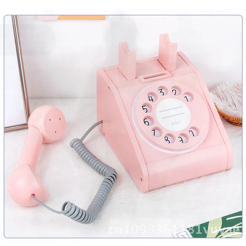 Wooden Simulation Telephone Play House for Kids Early Education Parent-Child Interaction Toy Blue/Pink/Red Natural Wood Color
