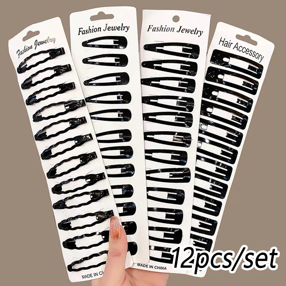 12pcs/Set Black Geometric Barrettes BB Hair Clips 6cm Professional Metal Hairpins For Women Girls Styling Tool Headdress