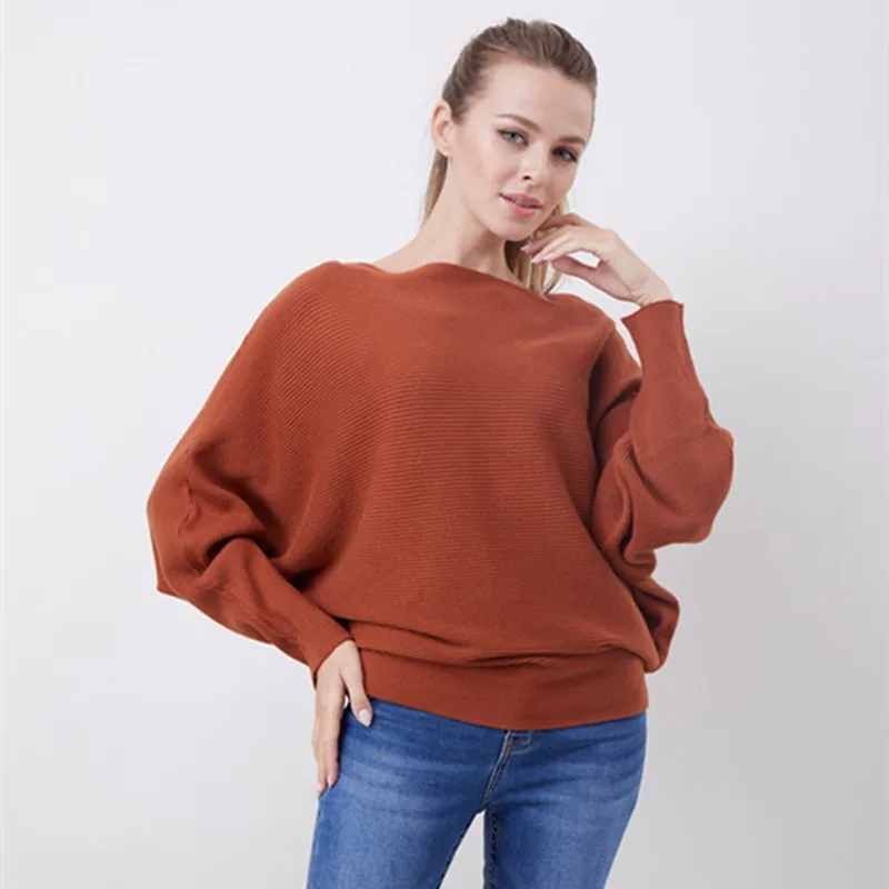 Women Casual Multi Color Elegant Batwing Sleeve Knitted Pullover Sweater Off Shoulder Loose Fit Long Sleeve Daily Commuter Tops