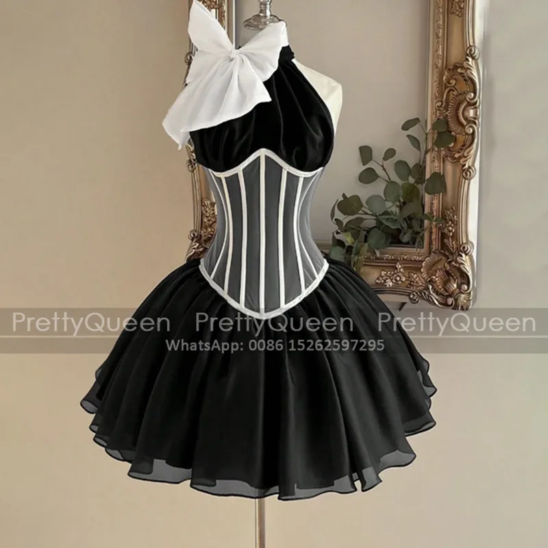 

Fashion Short Bridesmaid Dresses Bow Halter Puffy A Line Sleeveless Customized Mini Wedding Party Dress For Women