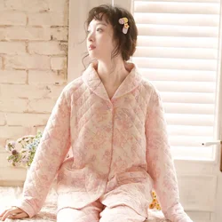 Autumn / Winter Cotton Interlayer Pajamas Women's Long-sleeved Thickened Loungewear Padded Two-piece Set Lovely Home Clothes