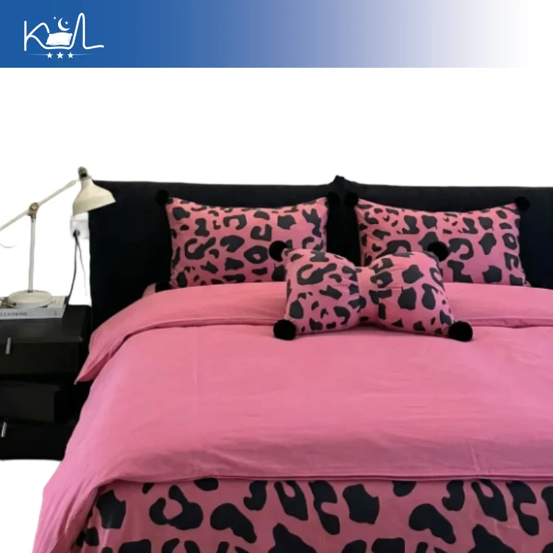 Rose Red Ice Silk 4 Piece Bedding Set, Leopard Print Summer Cooling Quilt with Fitted Sheet & Pillowcases, Lightweight Comforter