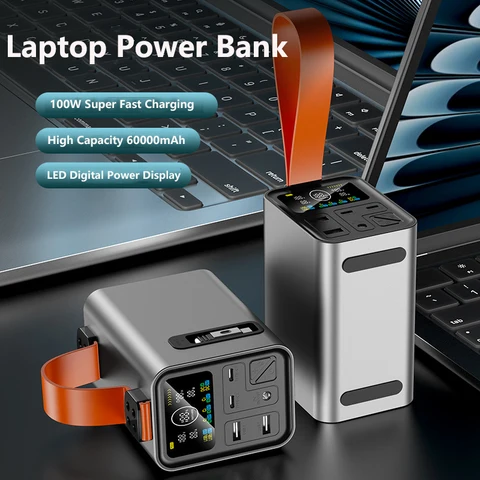 Внешний аккумулятор (Power Bank) 60000 мАч с выдвижным кабелем USB Type-C 12В/24В DC, быстрая зарядка PD100W для ноутбуков, iPhone, Samsung, Xiaomi
